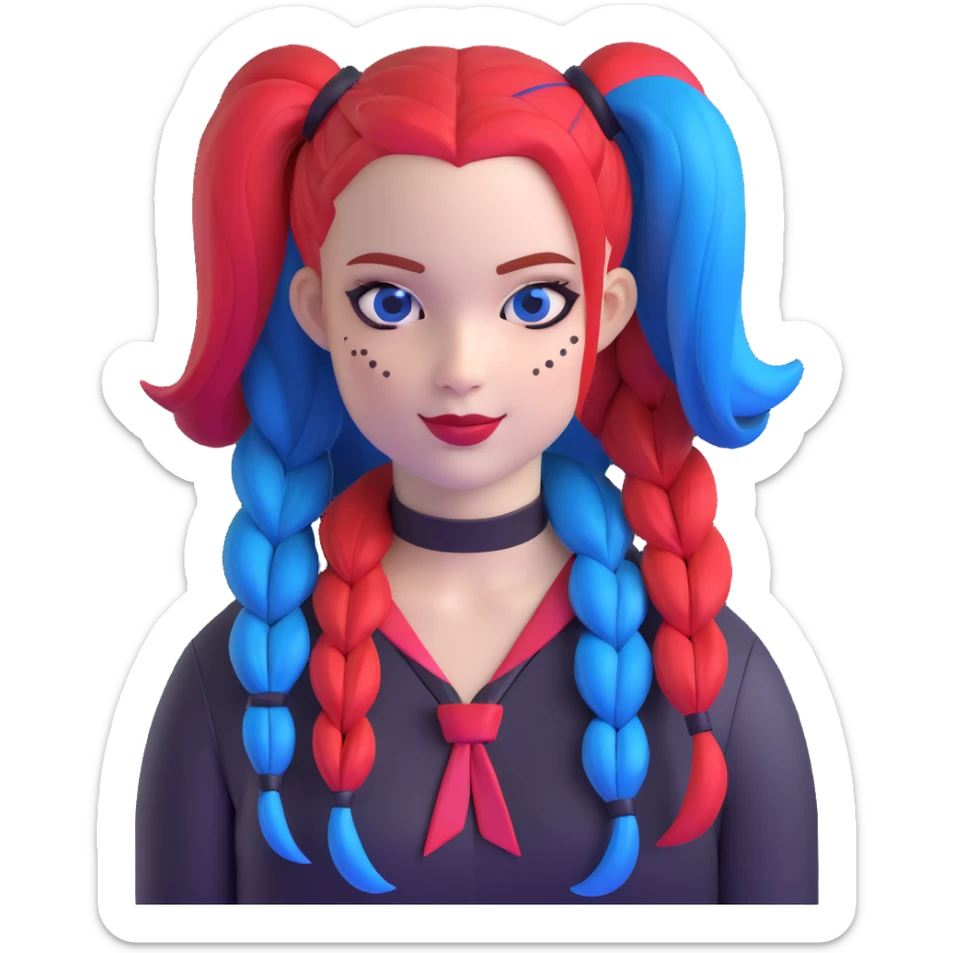 hair styled like Harley Quinn with blue and red pigtails sticker