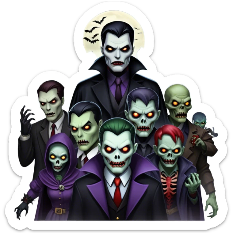 Icon for Thriller Movies: A large, dramatic collage featuring sinister villains and zombies in dark clothing. The background shows the gloomy cityscape of Gotham with dim lighting and eerie shadows. The atmosphere should be tense, mysterious, and suspenseful. Transparent background. sticker
