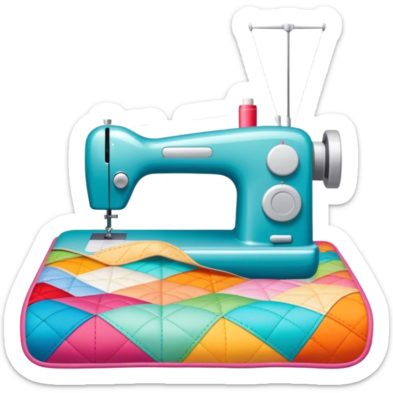 Patchwork and quilting icon, colorful fabric patches sewn together in a quilt pattern, sewing needle and thread, quilting tools like rotary cutter or quilting hoop, minimalistic style, clean lines, transparent background. sticker