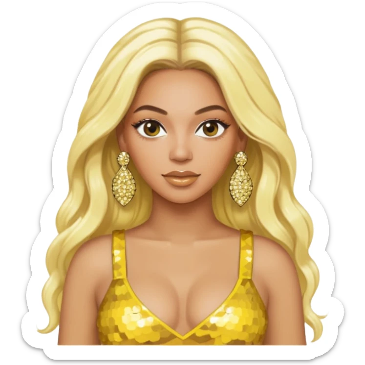 Beyonce with long platinum blonde hair, yellow sequin crop top, yellow earring sticker
