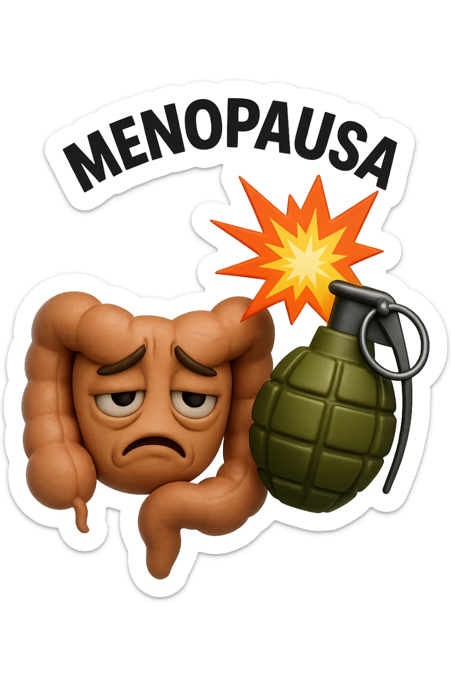 EMOJI STILE IPHONE 3D DI INTESTINO SFINITO CON ESPRESSIONE STANCA, ACCANTO A LUI SCOPPIA UNA GRANATA 3D CON LA SCRITTA "MENOPAUSA" SOPRA sticker