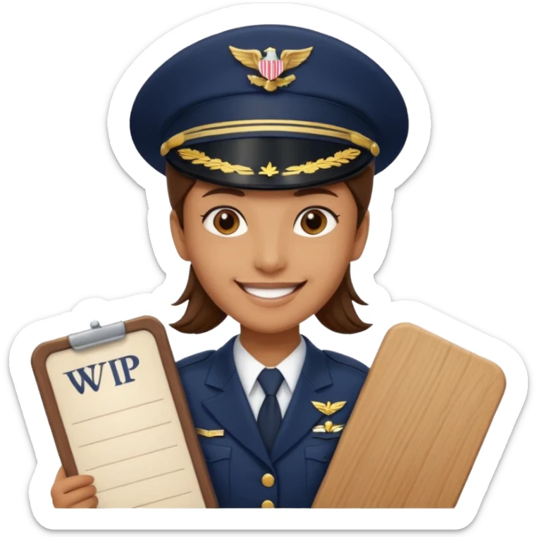 Slack-style emoji of a pilot wearing a navy captain hat holding a board with the text "WIP" on it sticker