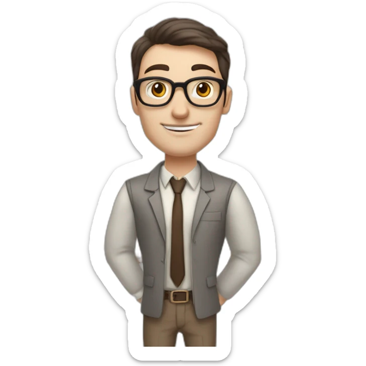 Pale skinned fit man with dark brown hair in gray jacket, beige office shirt, brown tie, brown pants and vintage glasses Writing on the flipchart sticker