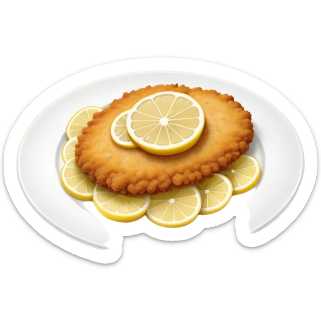 Cinematic Realistic Veal Schnitzel Dish Emoji, depicted as a golden, breaded veal cutlet served with lemon rendered with crisp textures and inviting, natural lighting. sticker