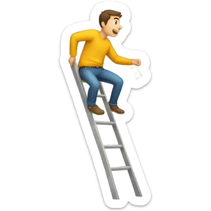 Young man climbing a ladder with money falling out of his pockets sticker