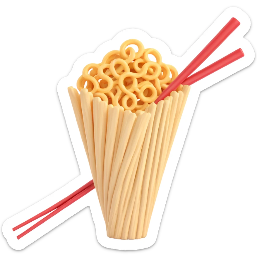 a pair of chopsticks holding a curly snack, snack is wavy and textured, energetic and lighthearted sticker