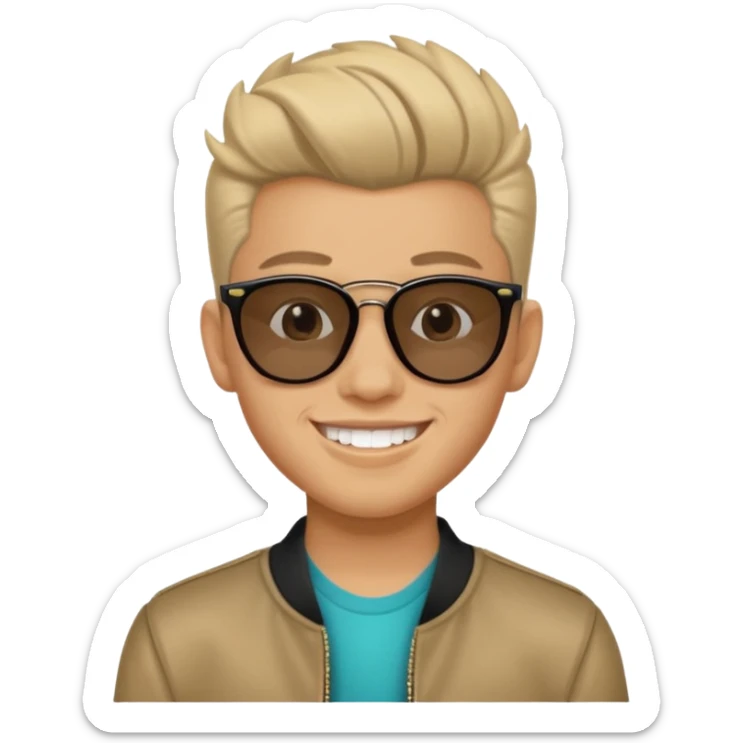 14 year old Mexican with a pompadour with the left side of his hair a little bit on the face grinning with sunglasses sticker