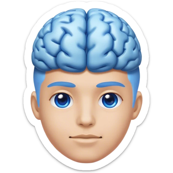A real person face emoji and hair is a blue brain sticker