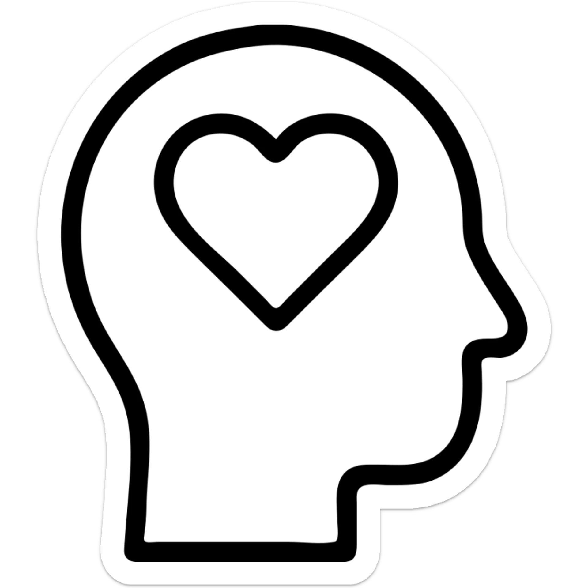 black line style, silhouette of head with heart inside, concept of self-care, mental health sticker