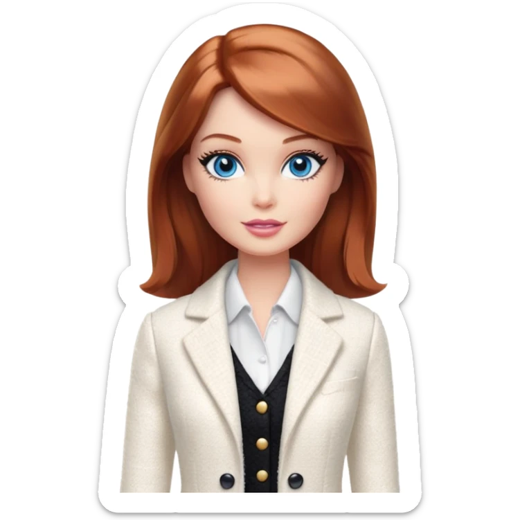 A Barbie girl with blue eyes, shoulder-length reddish-brown hair with makeup, wearing a white tweed jacket and a black skirt, pale white body cream pot sticker
