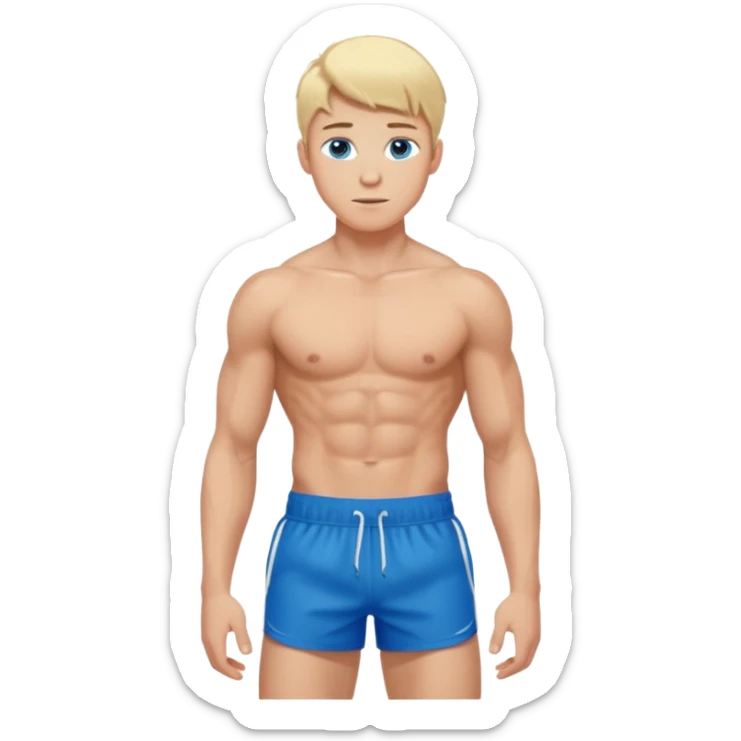 a 20 year old blond man with blue eyes, very muscular with abs, shirtless with sports shorts sticker