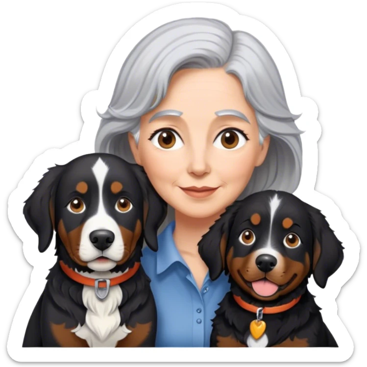 Gray hair Woman with black lab and Bernese mountain dog  sticker