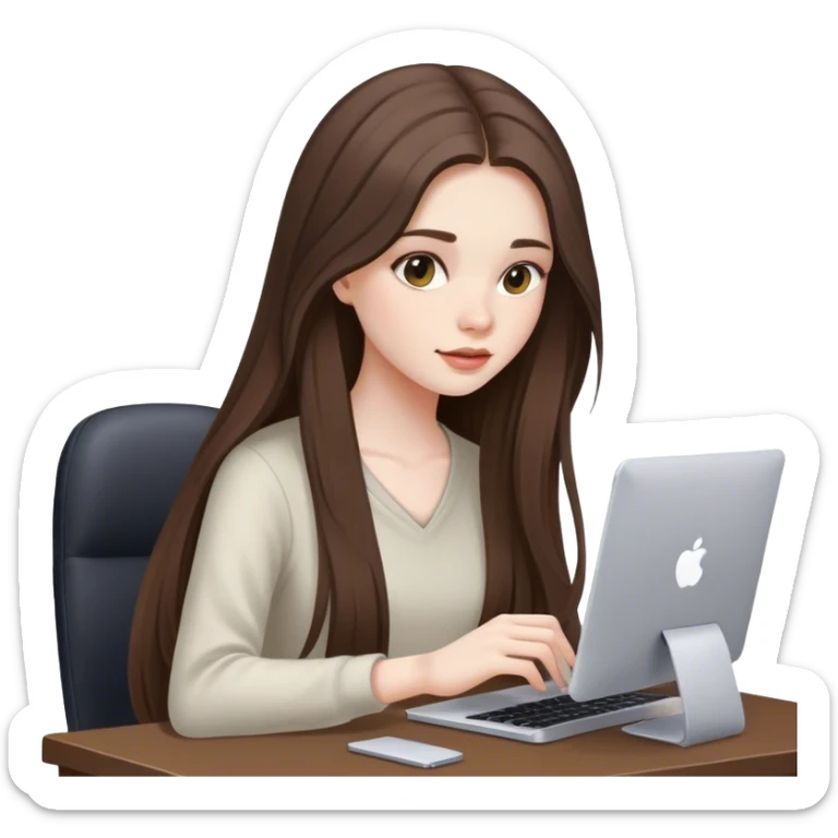 beautiful pale brunette girl with long hair editing photos on her computer  sticker