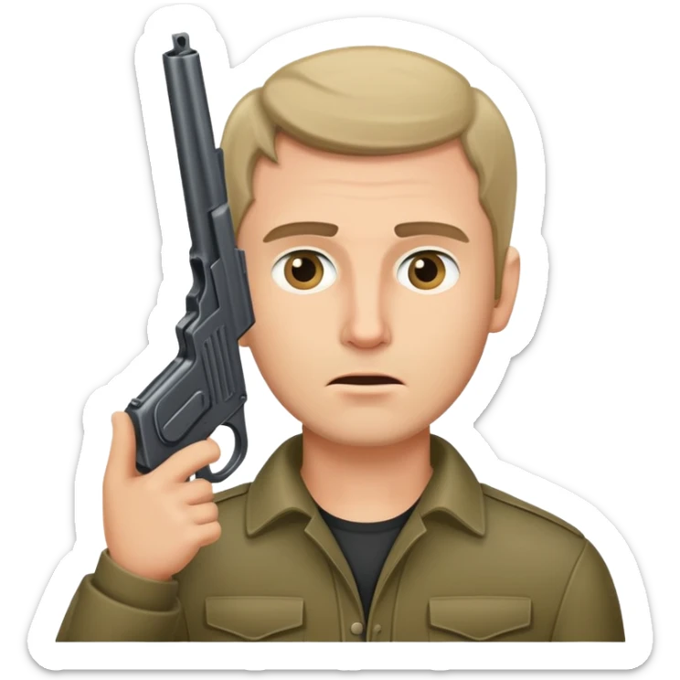 Man putting gun up to side of face holding his neck sticker