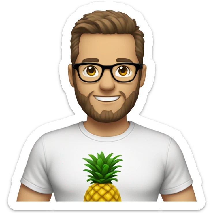 White man,  wearing round black glasses, smiling, straight brown hair combed to the side, beard, holding a cell phone, t-shirt with a pineapple sticker