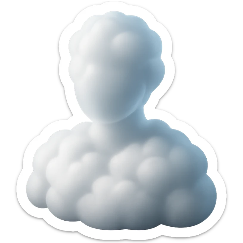 person made entirely of white fluffy convex clouds, shoulder up, front view, matte glass style sticker