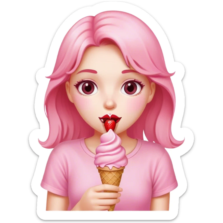 A girl in pink eating strawberry ice cream sticker