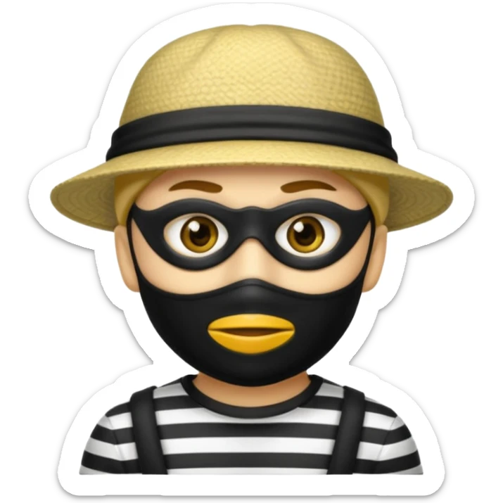 Make a robber emoji with yellow skin and white and black shirt with a mask thats black and make a hat on him sticker