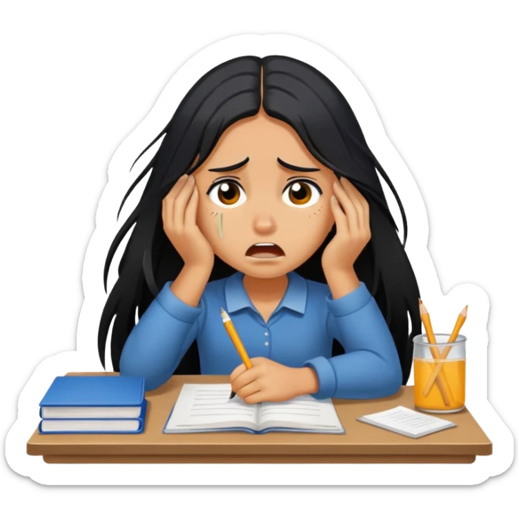 Pretty tanned girl with long black hair, crying out about homework sticker