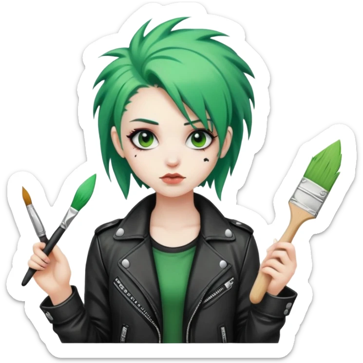 punk-girl with green hair in leather jacket with brush sticker