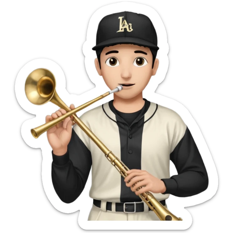 Un señor tocando el trombón (viendo hacia arriba, con los ojos cerrados), que tenga una gorra de béisbol negra de LOS ANGELES (LA), vestido todo de negro sticker