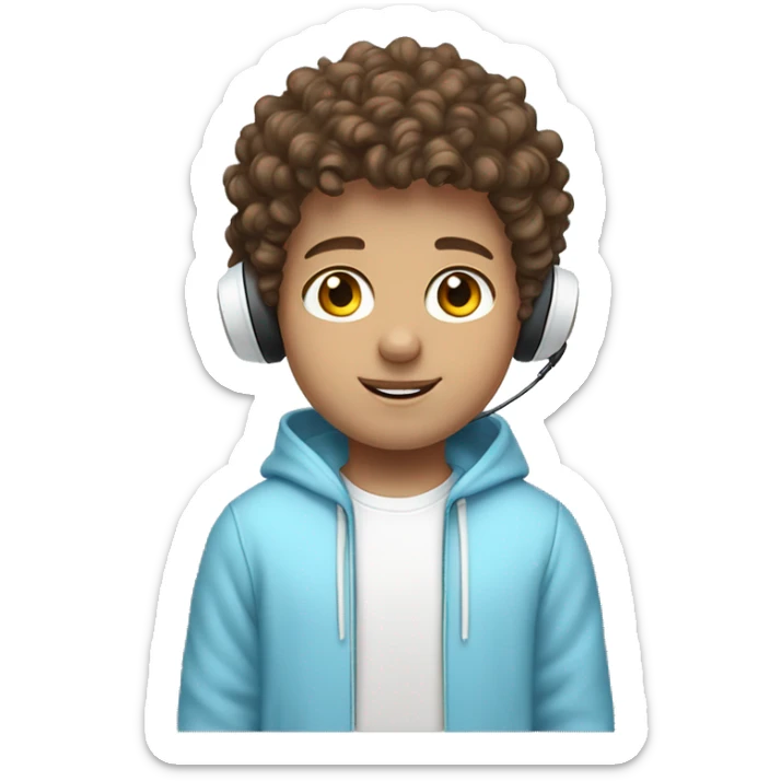 brown short curly haired brown eyed boy who is white and is wearing a white wireless headset and light blue hoodie sticker