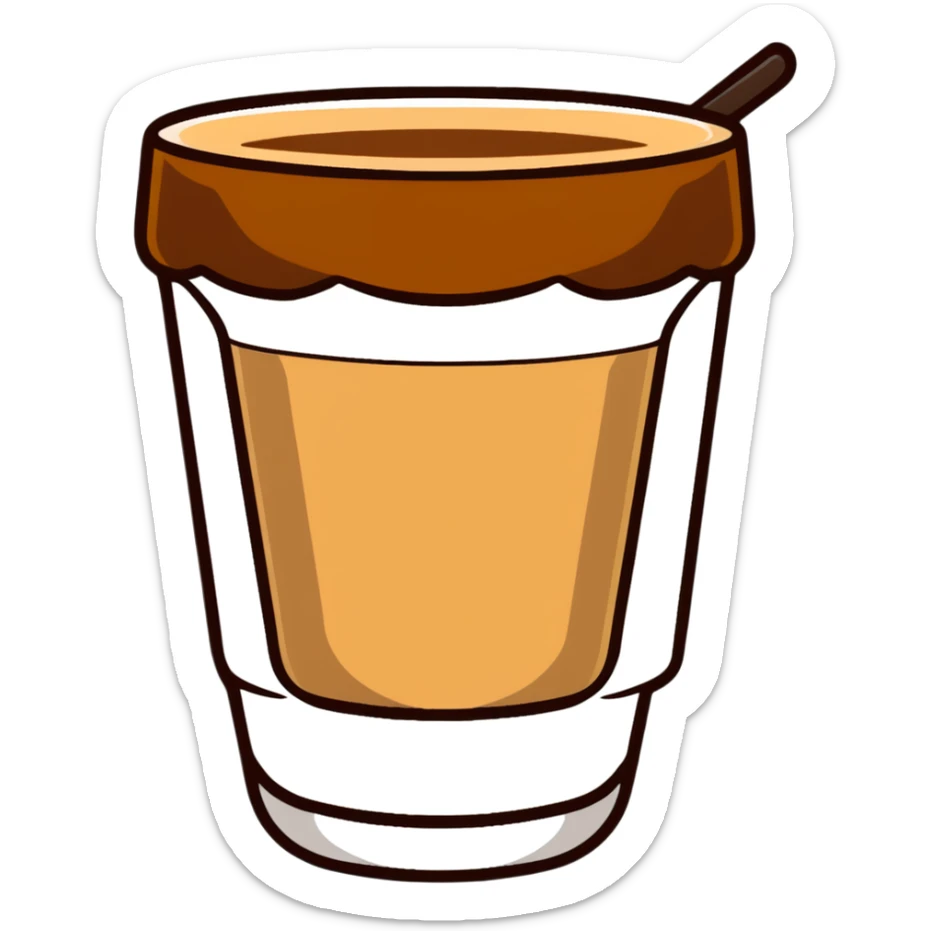 Small Gibraltar glass with cortado espresso, light brown color on top (NOT WHITE), deepening to darker brown at bottom, smooth surface, no froth or swirl sticker