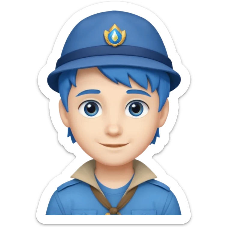 very handsome boy big blue eyes, scout boy with, blue hair and hat sticker