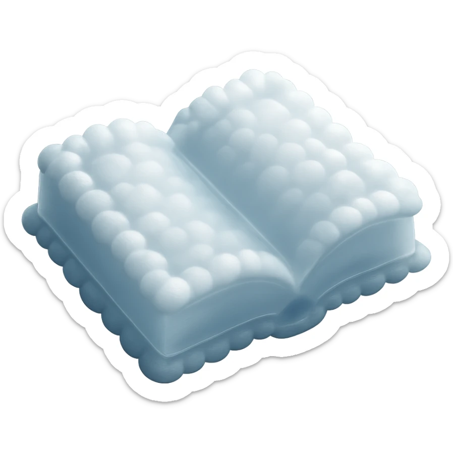 top view of a thick open book made entirely of small, very bright white fluffy convex clouds, matte glass style sticker