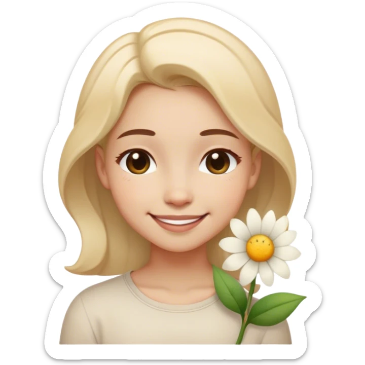 A girl smiling face with closed, curved eyes and a small flower on the side, symbolizing contentment, gratitude, and personal growth. 😊🌸 sticker