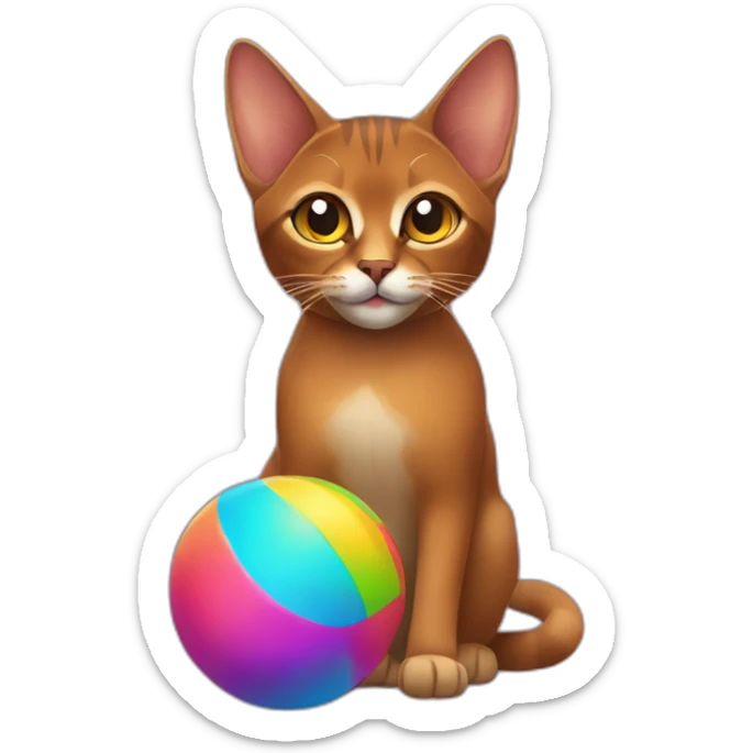 Abyssinian cat holding a colorful ball of fur sticker
