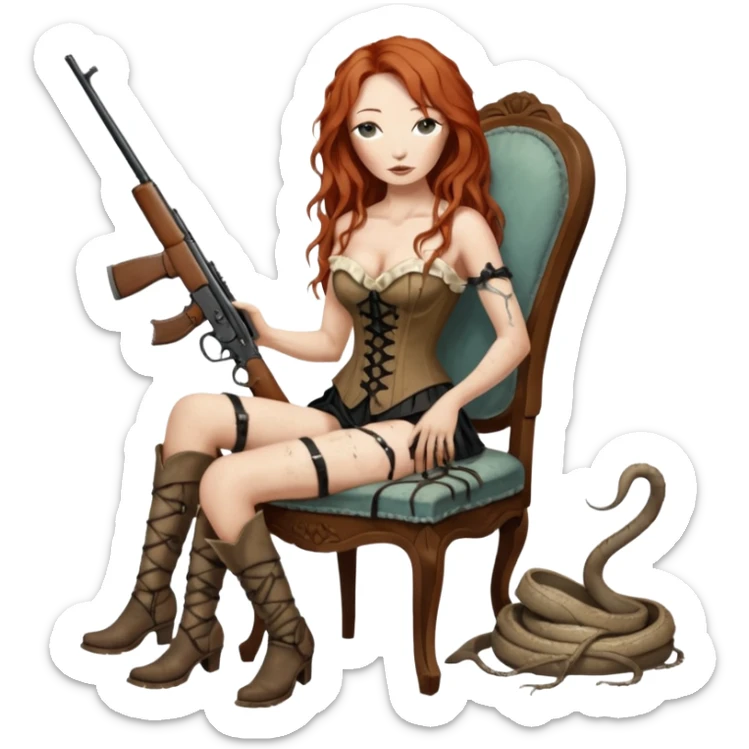 realistic cinematic Tori Amos sits on a rocking chair in a torn corset, holding an antique rifle and her bare feet are muddy. A white snake is wrapped around the chair. sticker