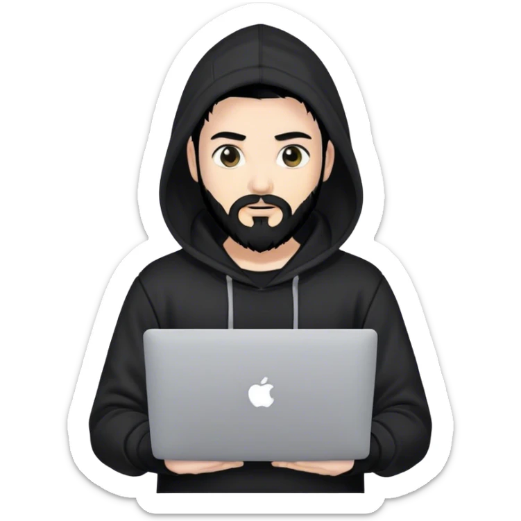 hackeur blanc cheveux noir barbe et capuche noir avec un macbook sticker