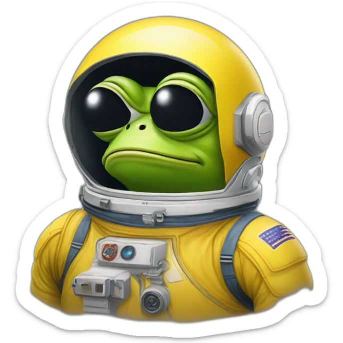 yellow pepe frog with astronout suite and M logo on the chest sticker