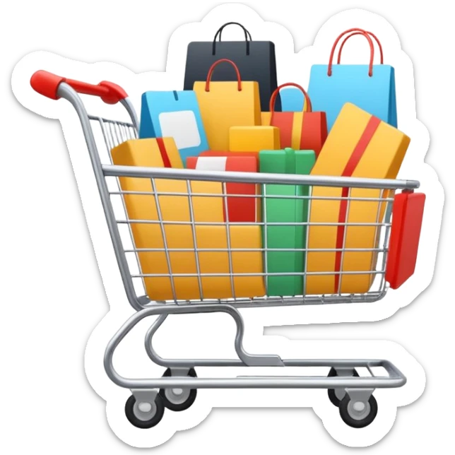 Digital shopping cart filled with online products, clean minimal UI design, smooth motion graphics animation, floating icons, modern style, dark background, cinematic lighting, seamless loop. sticker