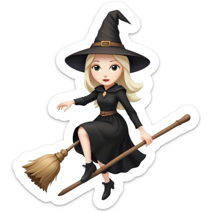 witch with pointy hat and black dress flying on a wooden broom sticker