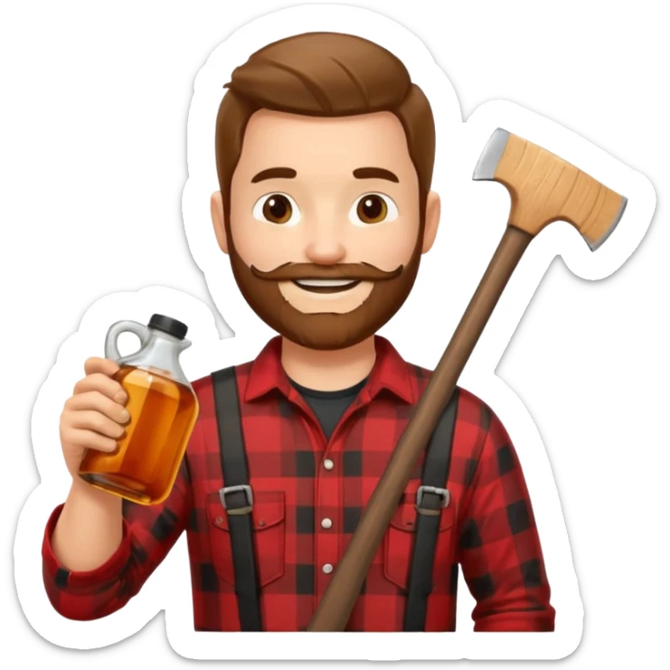 I want a Canadian lumberjack wearing a red and black plaid shirt drinking maple syrup out of the maple syrup bottle and holding a axe in the other sticker