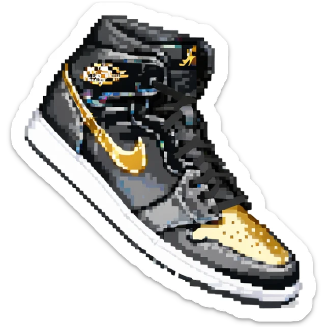 Jordan 1 sneaker, all black with a metallic gold swoosh sticker