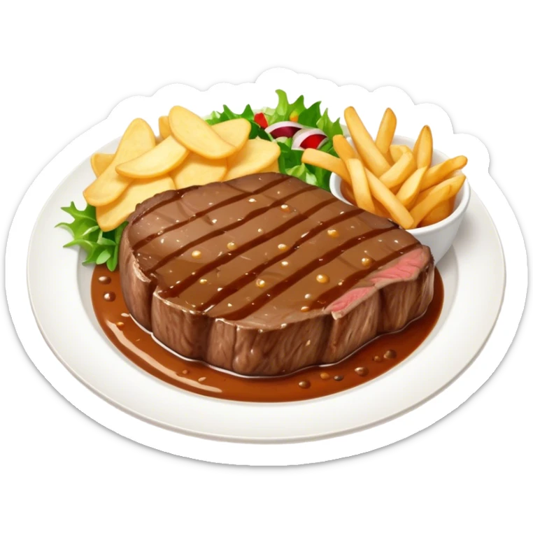 big juicy australian steak meal featuring chips, small salad in a ramiken and gravy  sticker