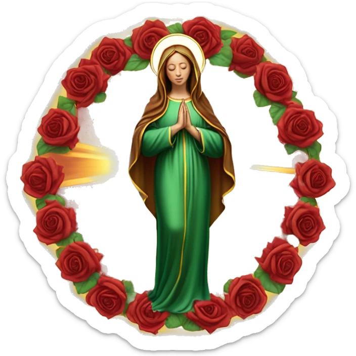 Virgin Mary: kind face looking down at the left, long brown hair, Wearing an emerald green  robe with gold stars and a burgundy red dress,  Hands in prayer or blessing. Halo around her head. standing in front of a big sun. colorful roses on the sides  sticker