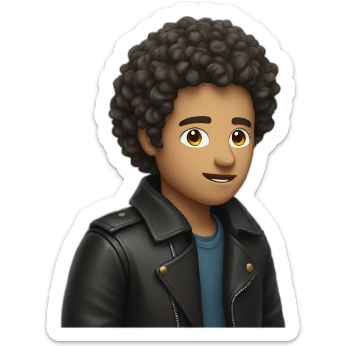 Man with curly hair listening to music with a leather jacket sticker