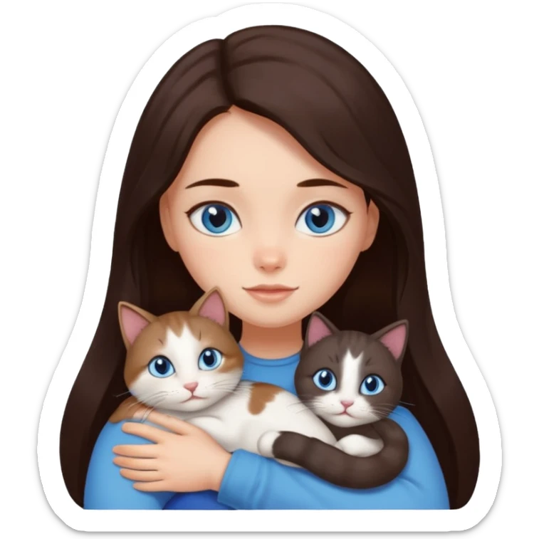 a girl with long dark 
brown hair, with blue eyes, hugs 3 different natural coloured cats sticker