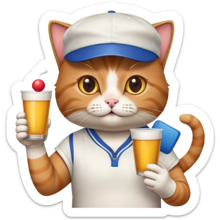 cat with a backwards cap, holding a ping pong ball and cup, beer pong college party sticker
