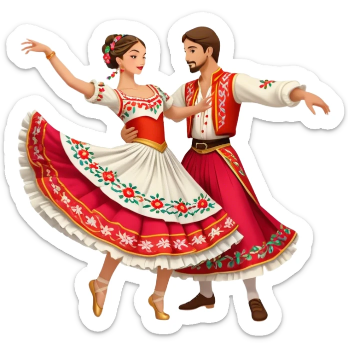 Cinematic Realistic scene of two dancers performing the Tarantella, dressed in vibrant, flowing traditional costumes with detailed embroidery and dynamic skirts, captured in festive motion with warm, lively lighting sticker