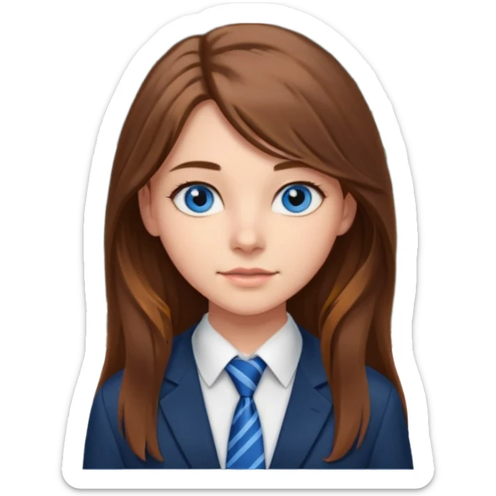 high school class room with a blackboard, with a pretty female high school student with long brown hair, blue eyes, wearing a tie sticker