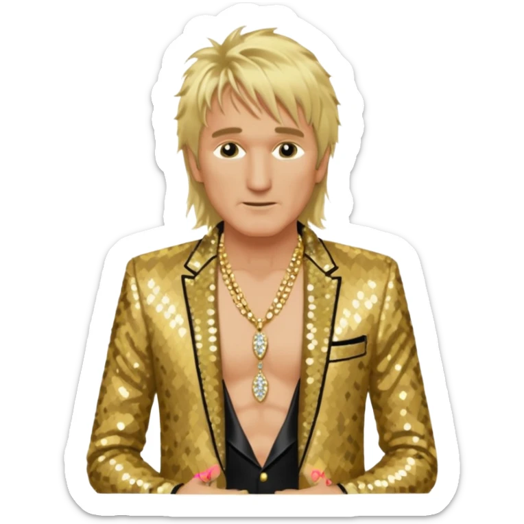 Rod Stewart with long blonde hair, gold sequin suit jacket, shirtless with necklace sticker