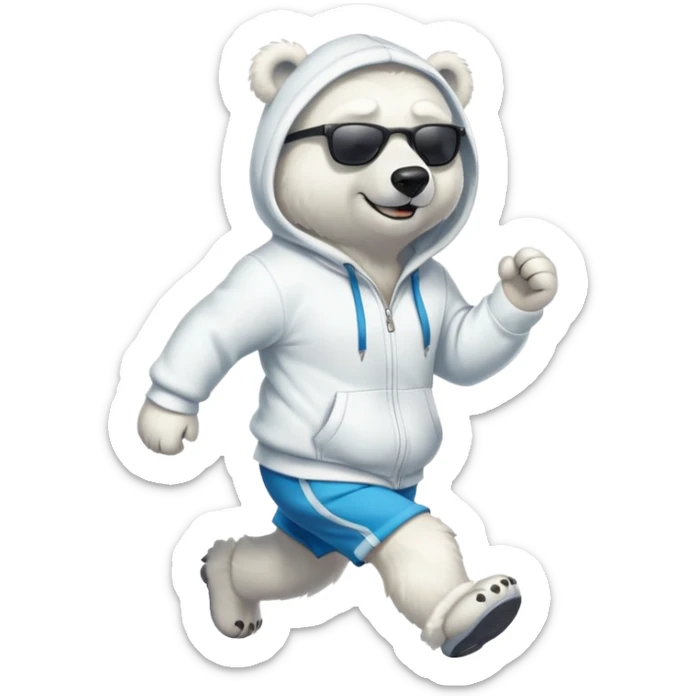 friendly anthropomorphised polar bear jogging upright wearing a hoodie and shorts, dark sunglasses sticker