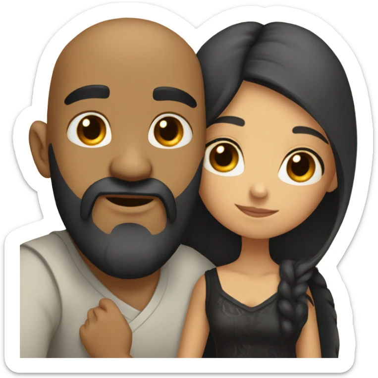 Bald man with black beard and girl with long black hair hugs sticker