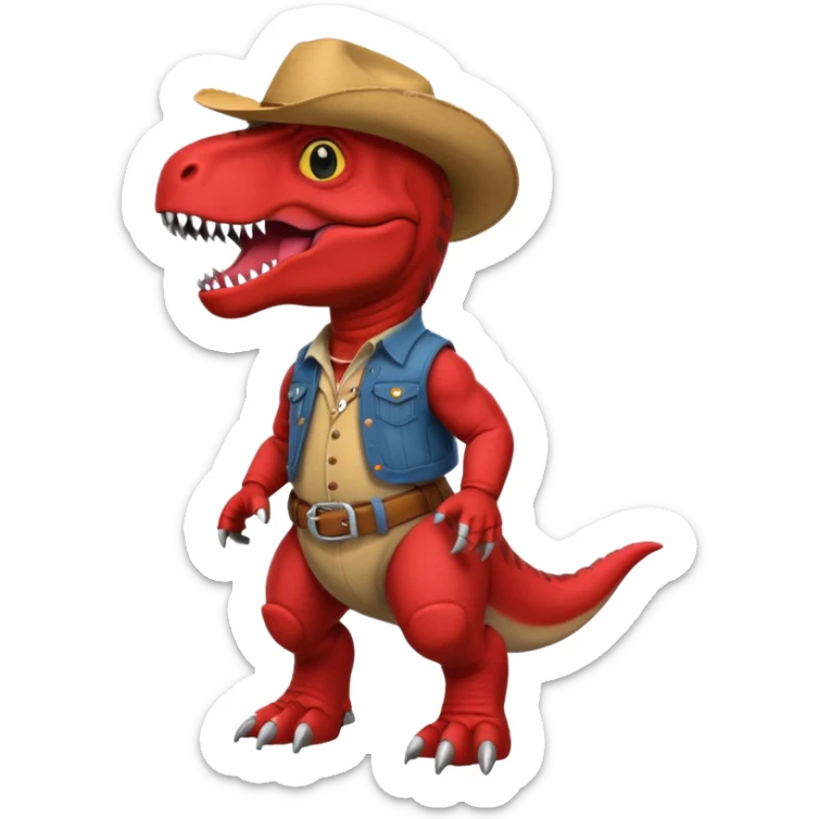 red trex dinosaor with cowboy helmet with cowbot clothes sticker