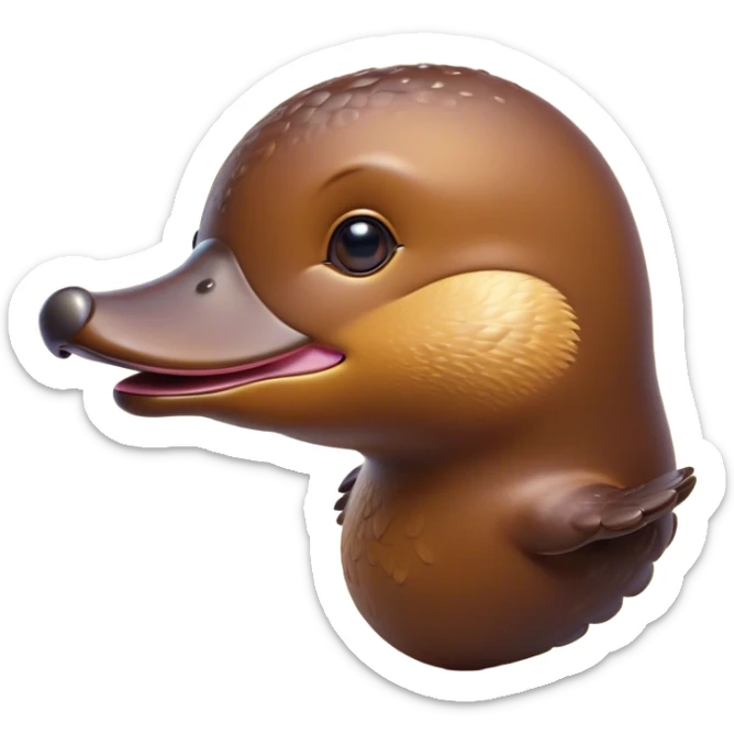 Cinematic Cute Platypus Portrait Emoji, Head tilted playfully and inquisitively, featuring a glossy brown fur with a charming, flat duckbill and round, sparkling eyes brimming with quirky wonder, Simplified yet irresistibly adorable features, highly detailed, glowing with a warm, friendly glow, high shine, affectionate and whimsical, stylized with a touch of aquatic playfulness, bright and endearing, soft glowing outline, capturing the essence of a mischievous yet lovable platypus, so playful it feels like it could waddle out of the screen into your arms! sticker